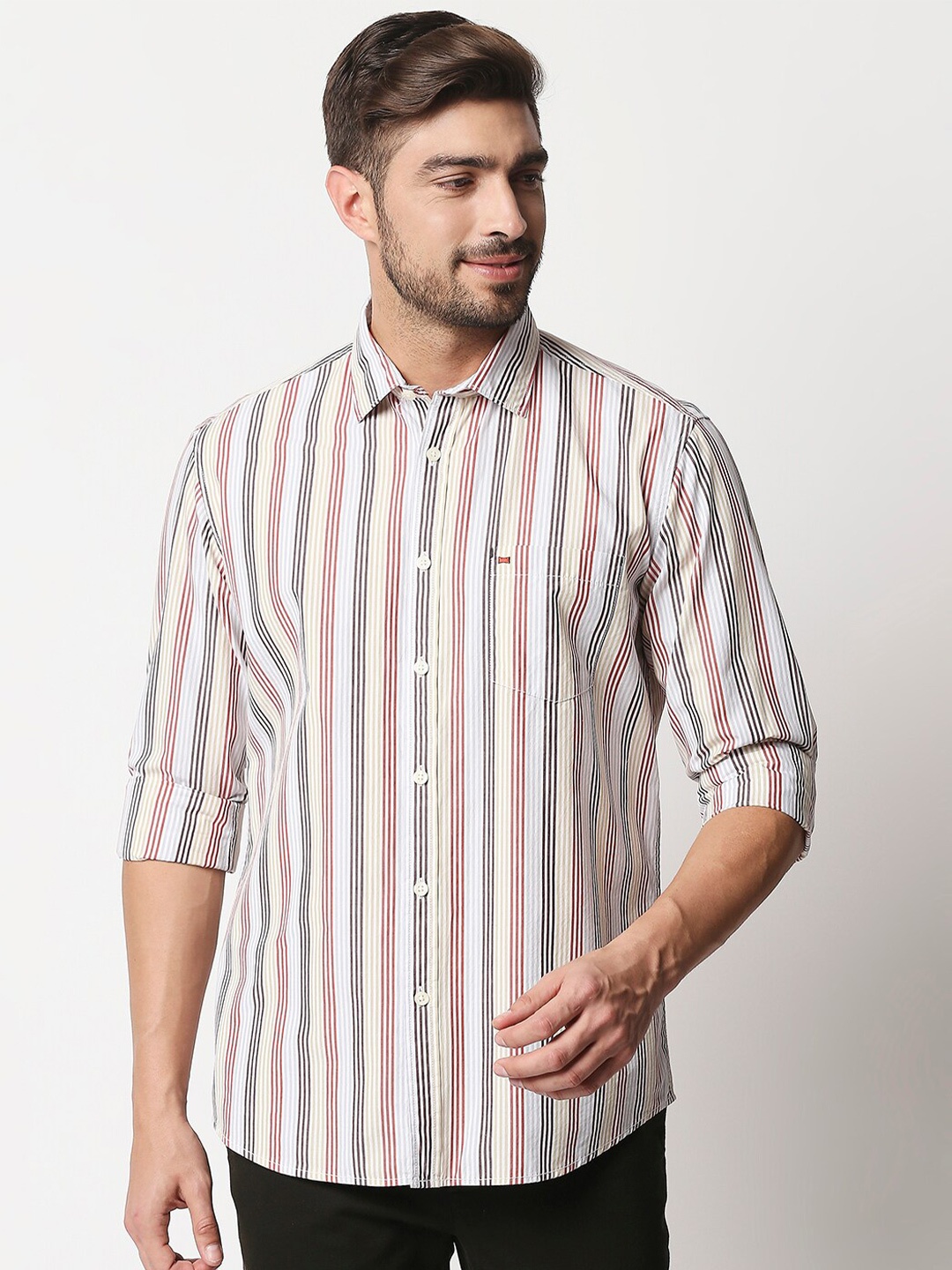 

Basics Men Mutlicoloured Slim Fit Striped Cotton Casual Shirt, Multi