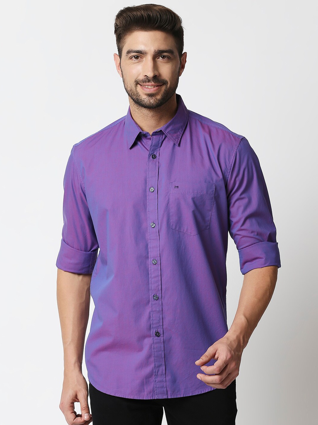

Basics Men Purple Solid Slim Fit Cotton Casual Shirt