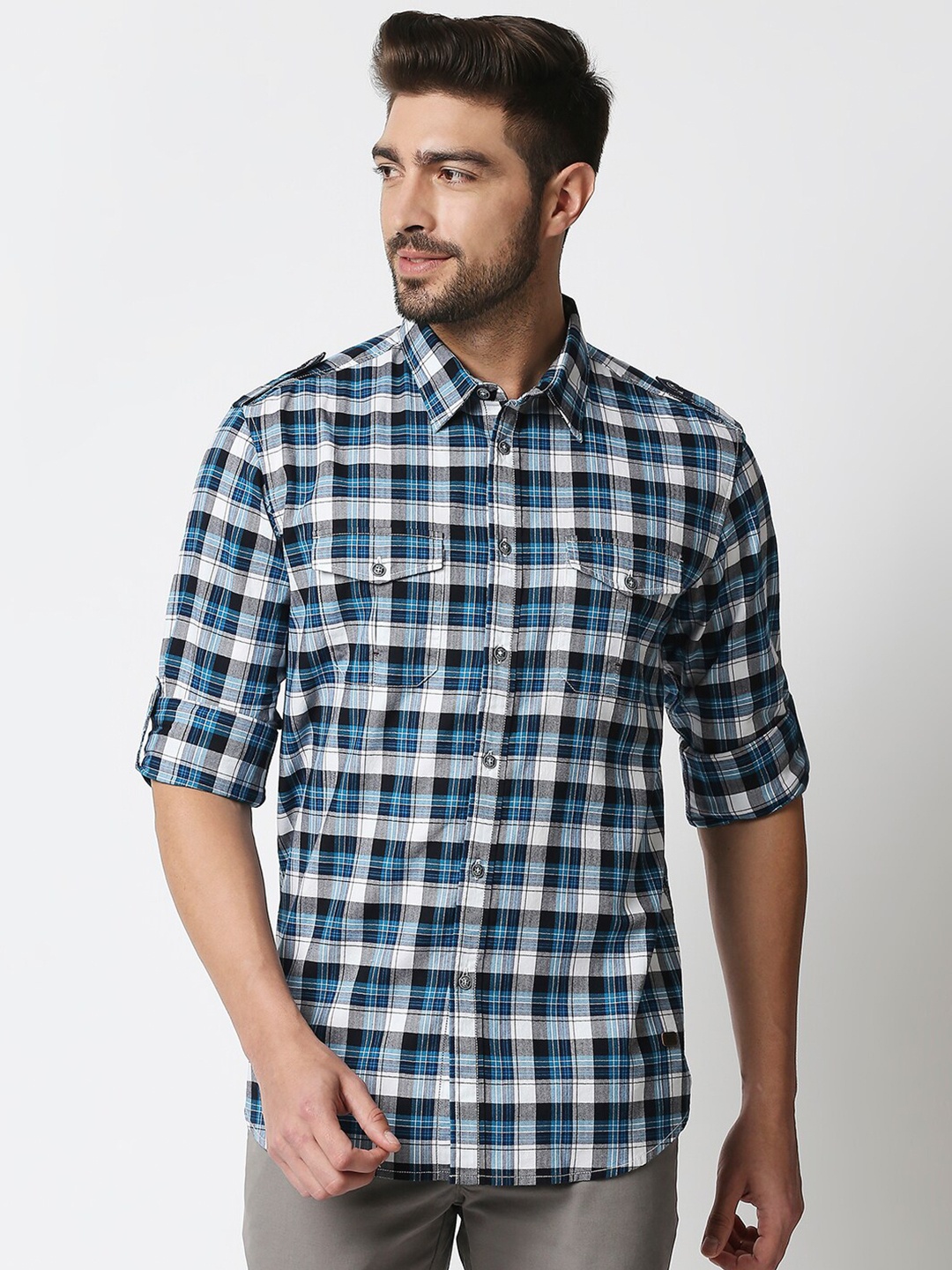 

Basics Men White & Blue Slim Fit Checked Cotton Casual Shirt