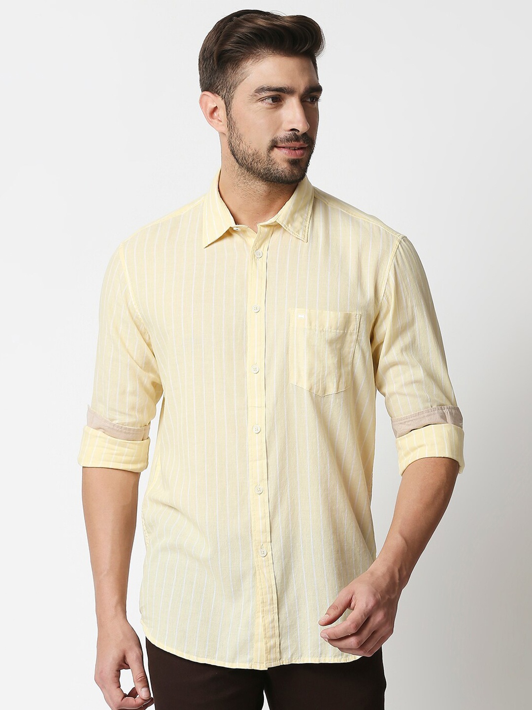 

Basics Men White & Yellow Slim Fit Striped Cotton Linen Casual Shirt