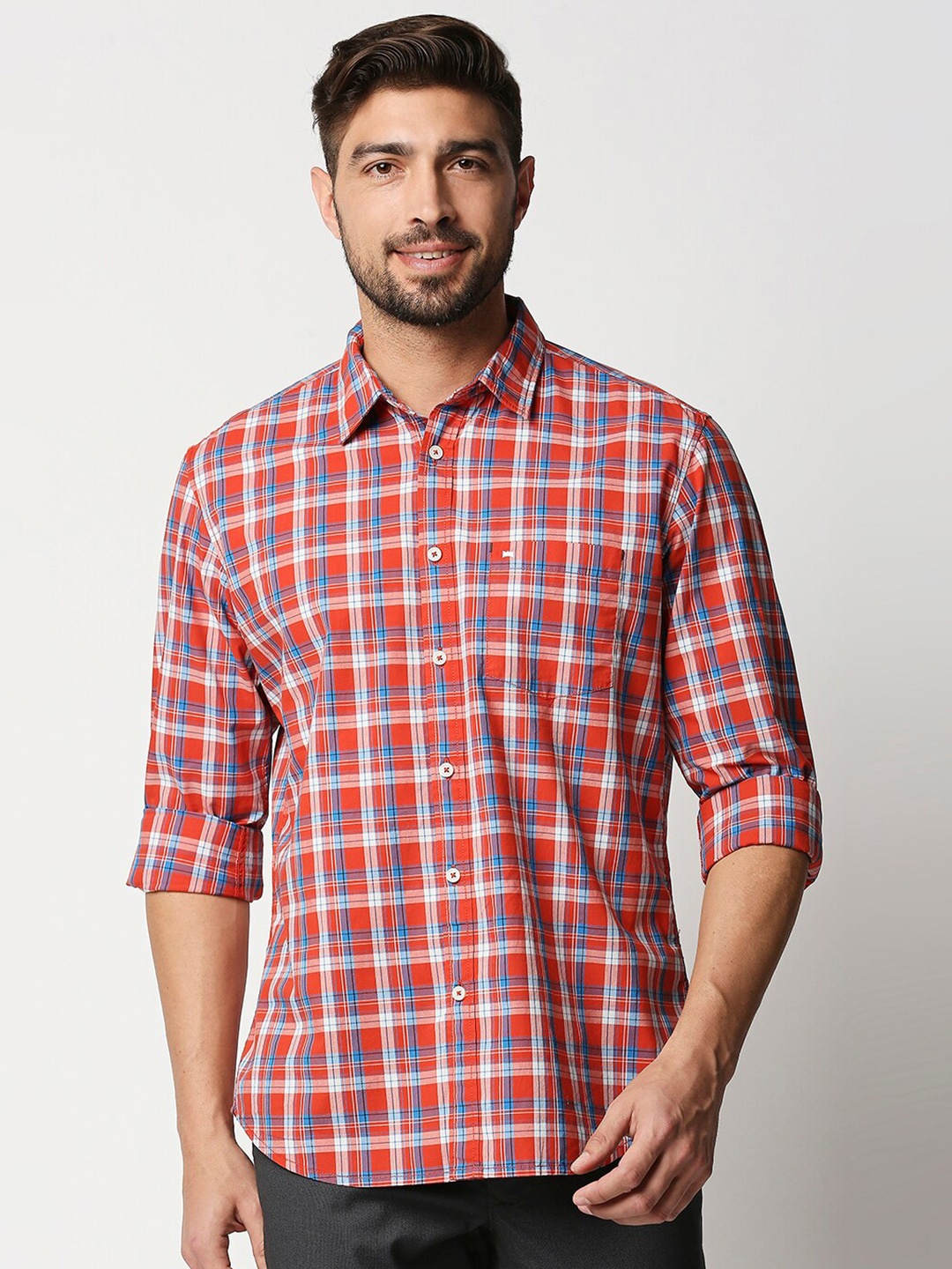 

Basics Men Red & White Slim Fit Tartan Checked Cotton Casual Shirt
