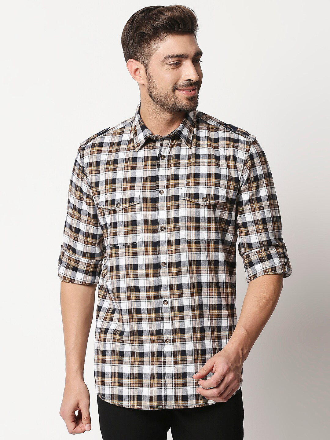 

Basics Men White & Brown Slim Fit Checked Cotton Casual Shirt