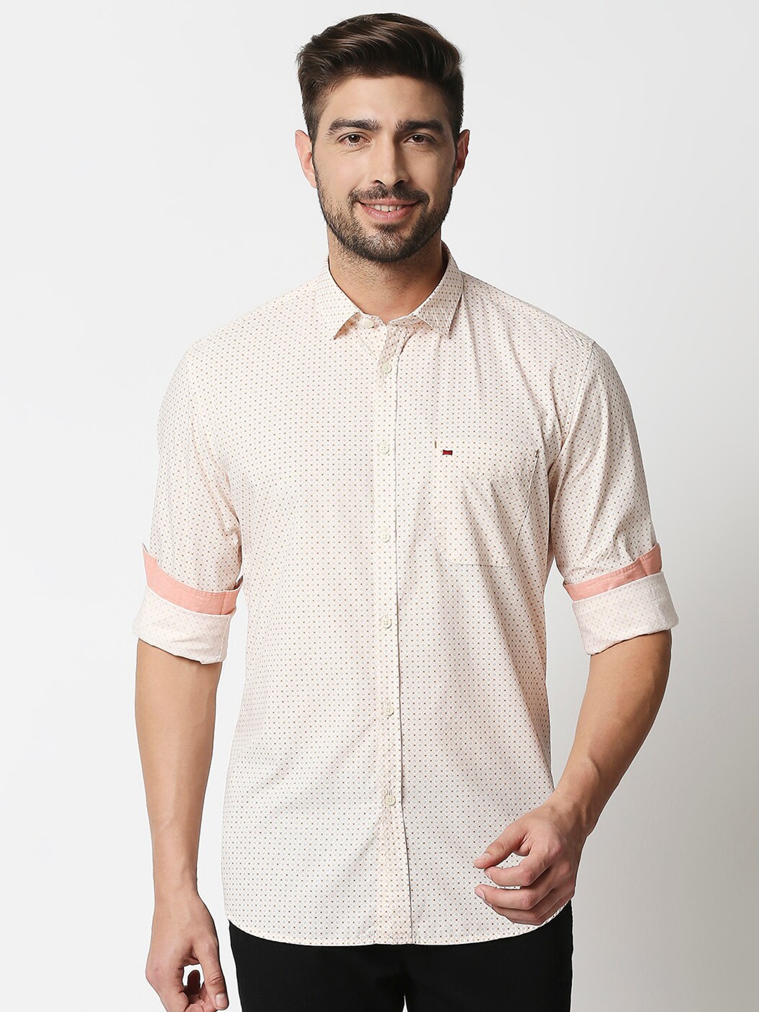 

Basics Men White & Maroon Slim Fit Checked & Ditsy Printed Cotton Casual Shirt