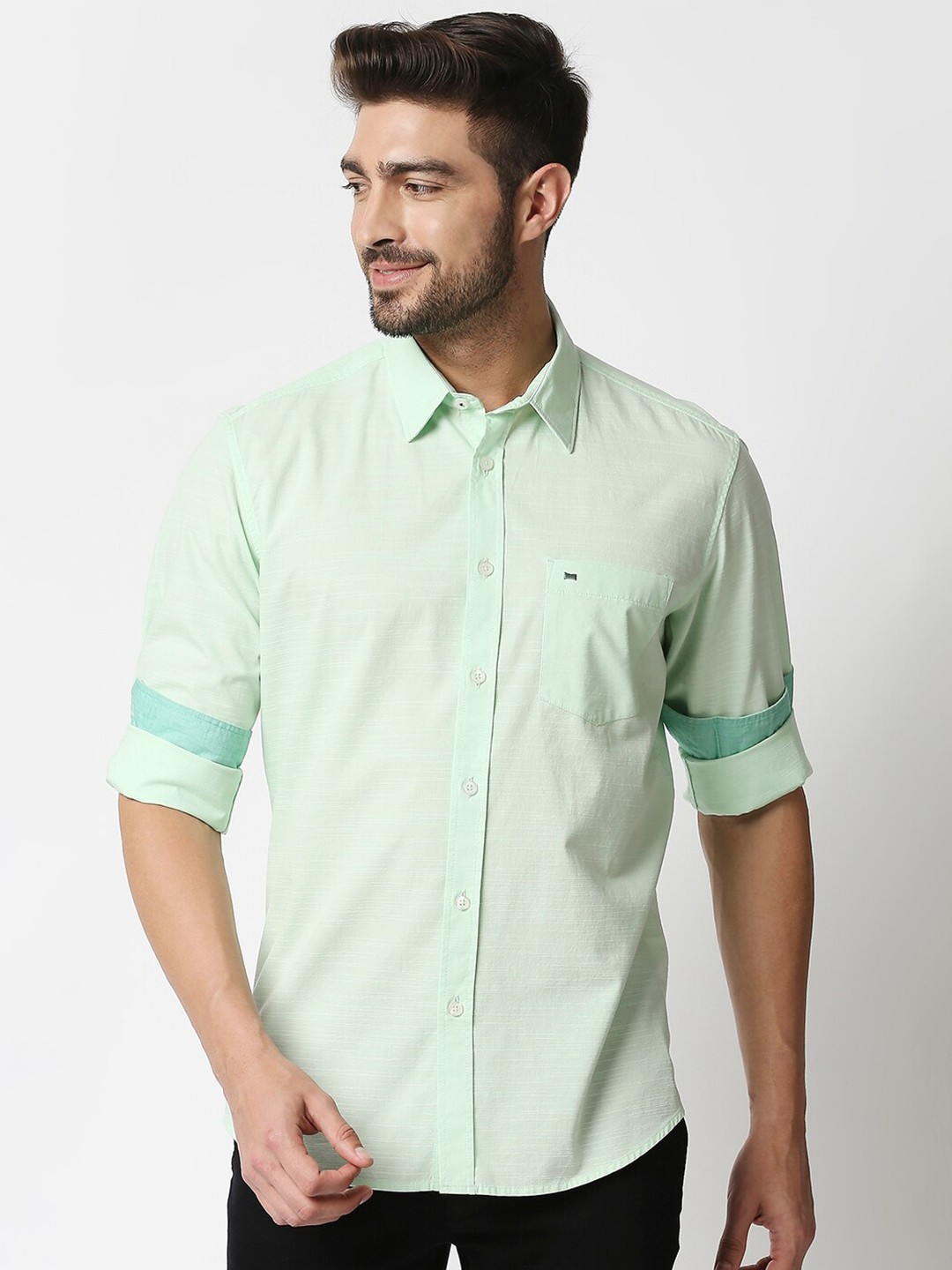 

Basics Men Mint Green Self Striped Slim Fit Cotton Casual Shirt