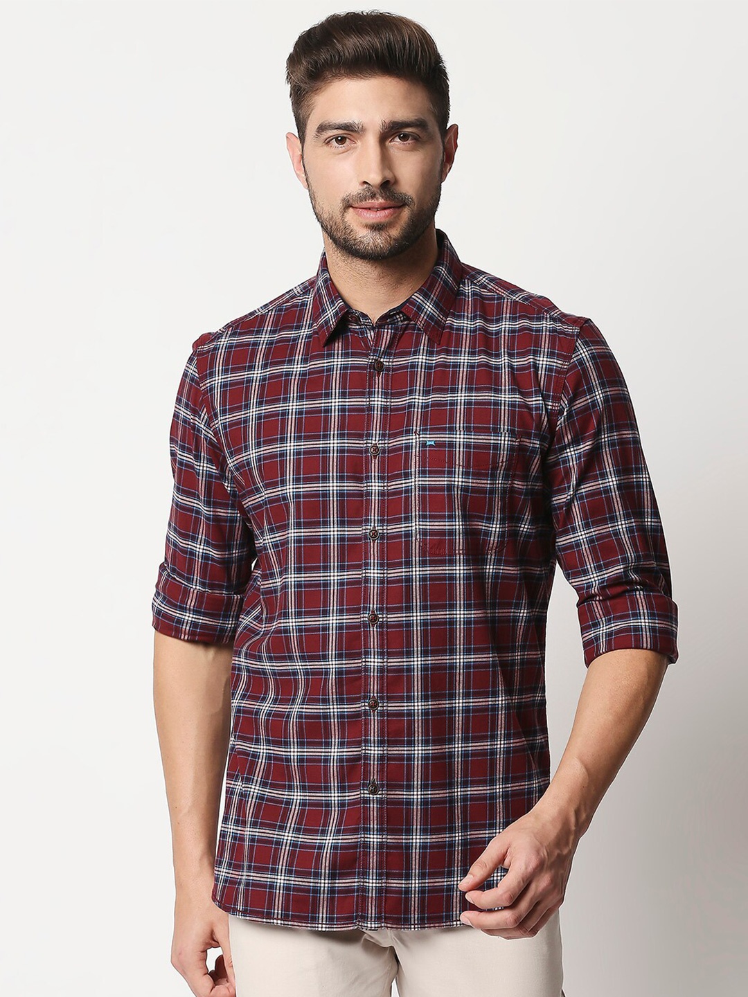 

Basics Men Maroon & White Slim Fit Tartan Checked Cotton Casual Shirt