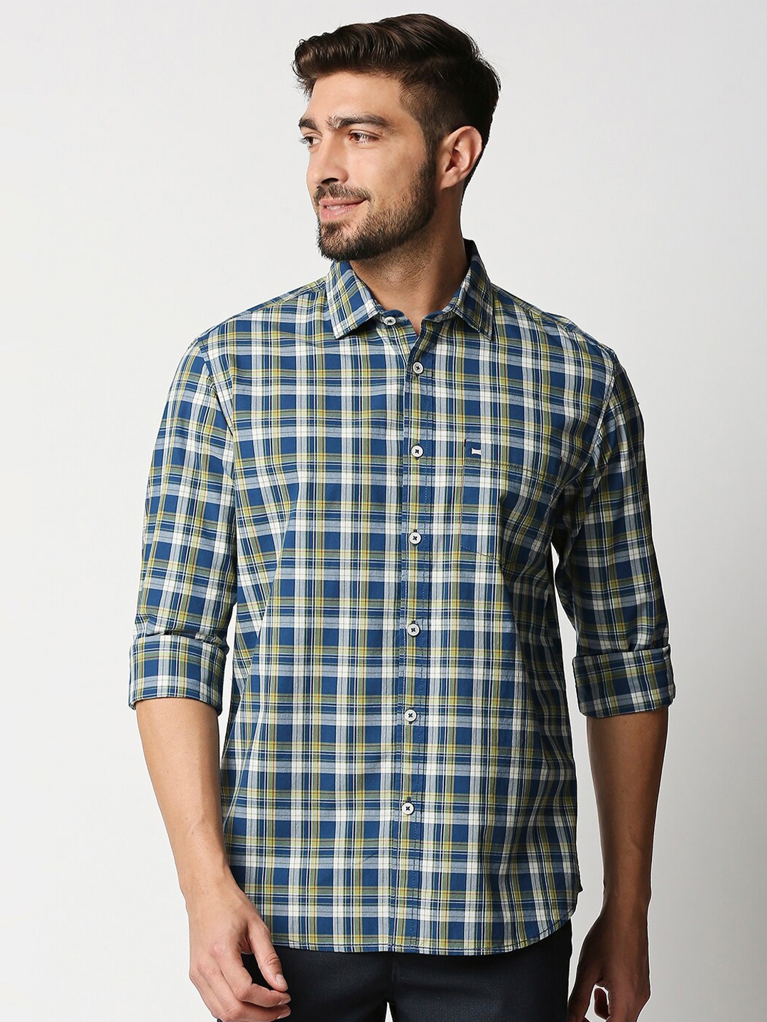 

Basics Men Navy Blue & White Cotton Slim Fit Tartan Checks Casual Shirt