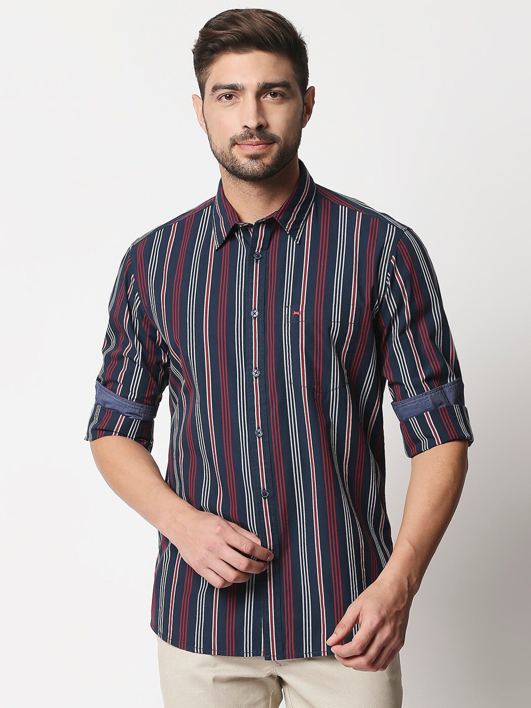 

Basics Men Navy Blue & Maroon Cotton Slim Fit Striped Casual Shirt