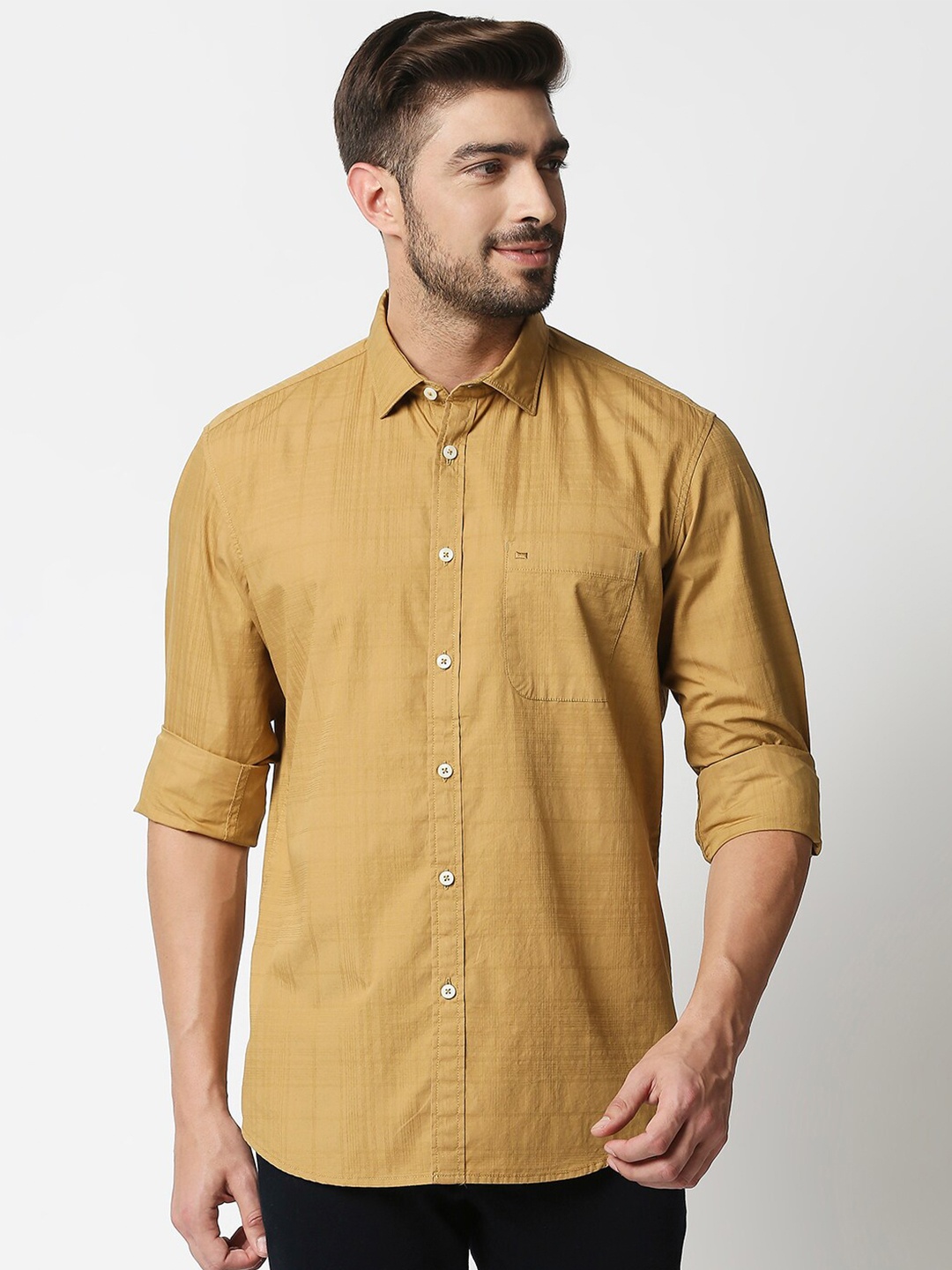 

Basics Men Mustard Yellow Cotton Slim Fit Self-Checked Casual Shirt