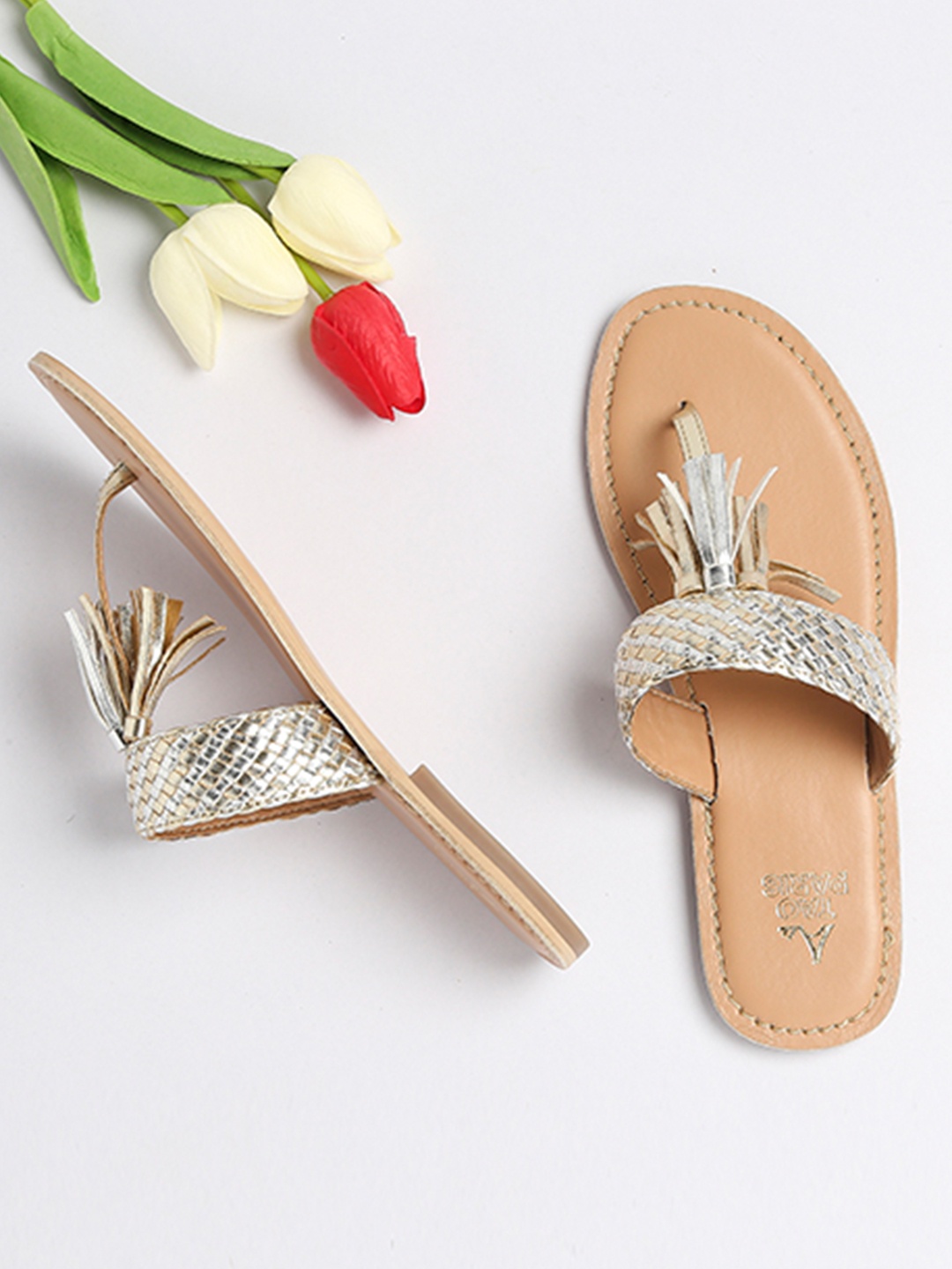 

Tao Paris Women Gold-Toned T-Strap Flats with Tassels