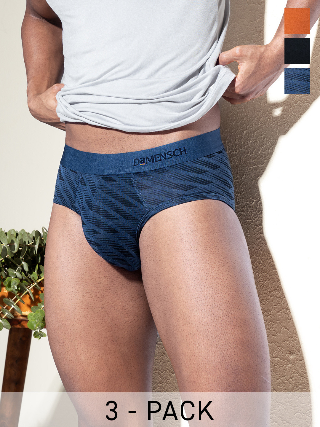 

DaMENSCH Pack of 3 DEO-SOFT Solid & Printed Premium Egyptian Cotton-Modal Blend Briefs, Black