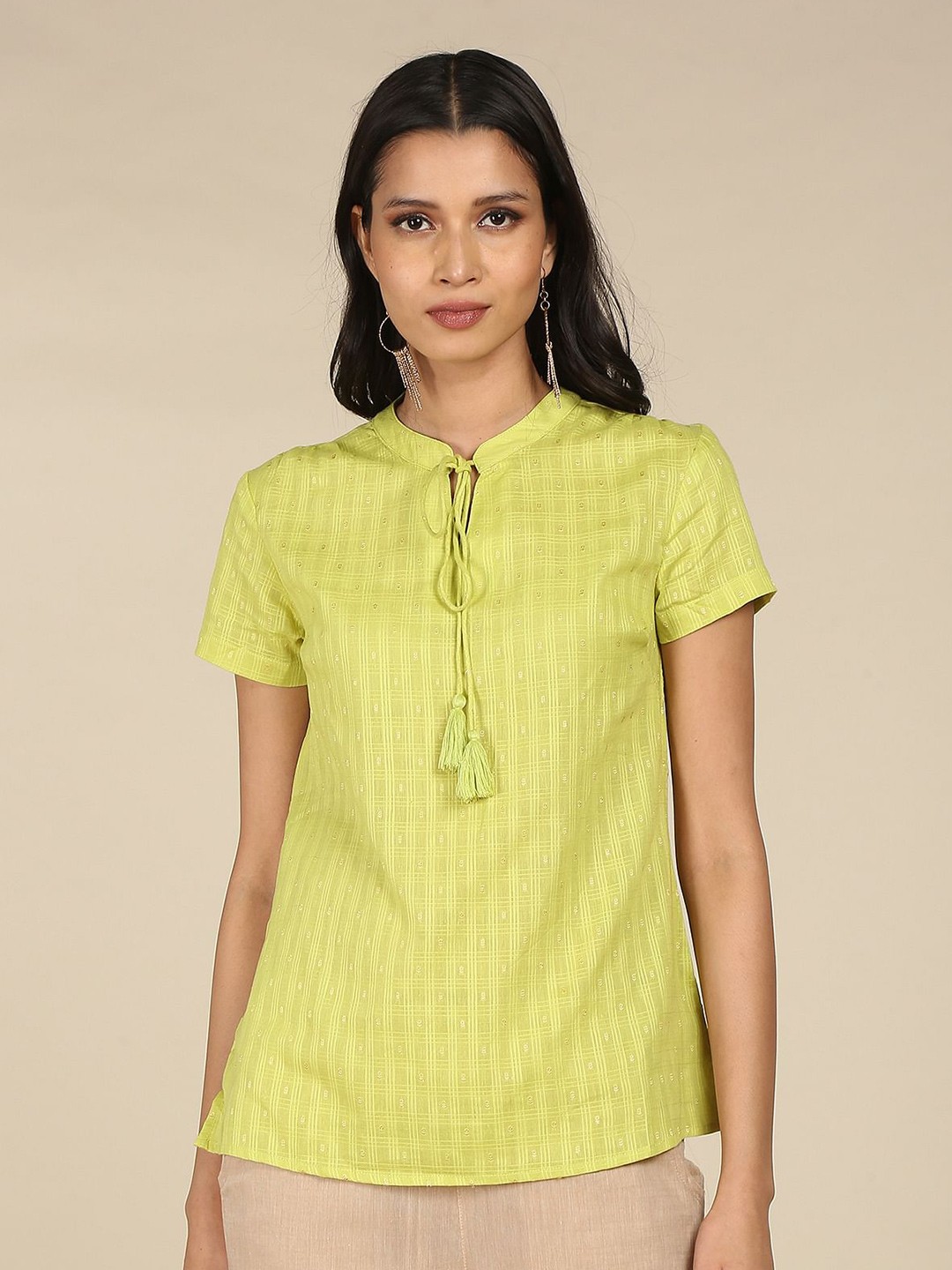 

Karigari Lime Green Checked & Ethnic Motifs Woven Design Tie-Up Neck Top