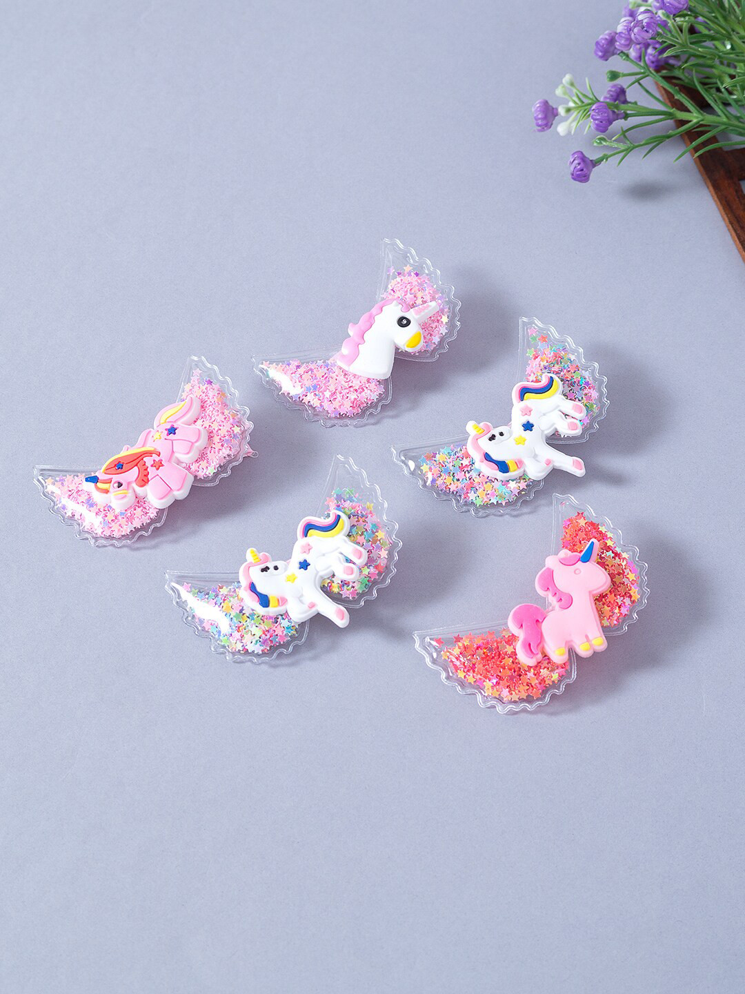 

Golden Peacock Girls Pink & White Unicorn Set of 5 Embellished Alligator Hair Clip