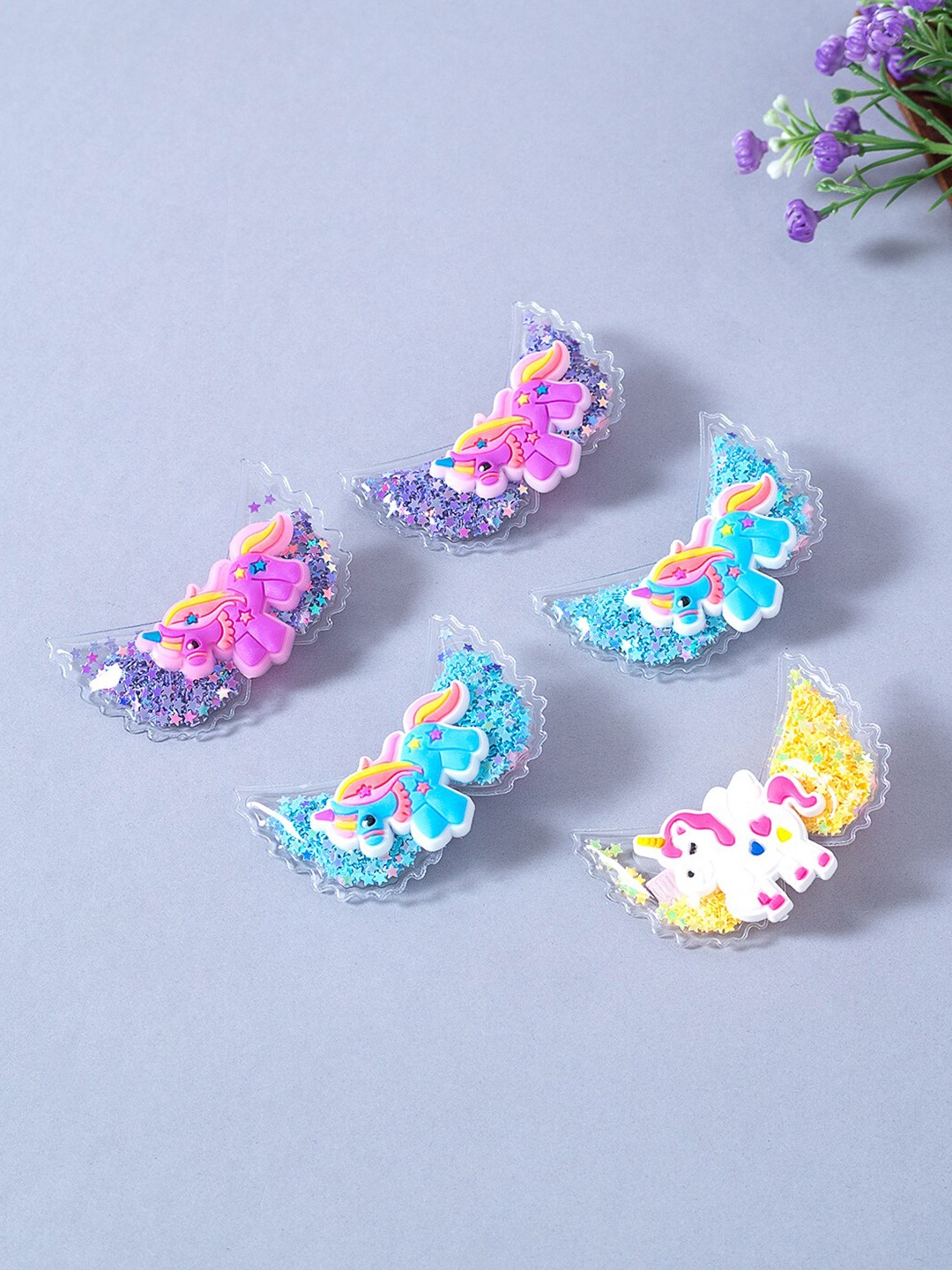 

Golden Peacock Girls Blue & Yellow Set of 5 Embellished Alligator Hair Clips