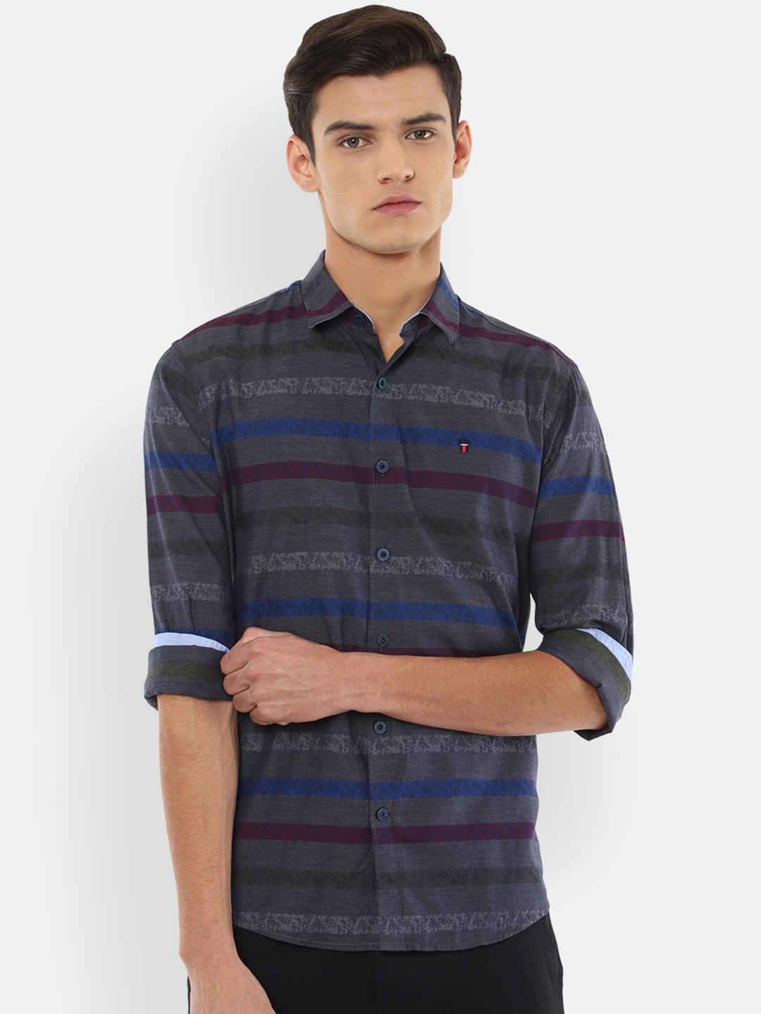 

Louis Philippe Sport Men Charcoal Grey & Blue Cotton Slim Fit Striped Casual Shirt