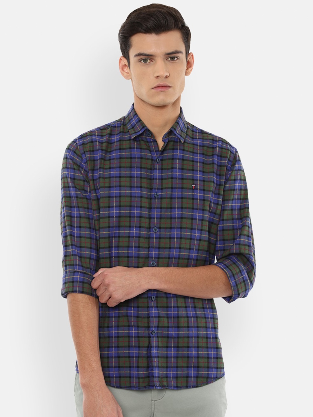 

Louis Philippe Sport Men Blue & Olive Green Slim Fit Tartan Checks Casual Shirt