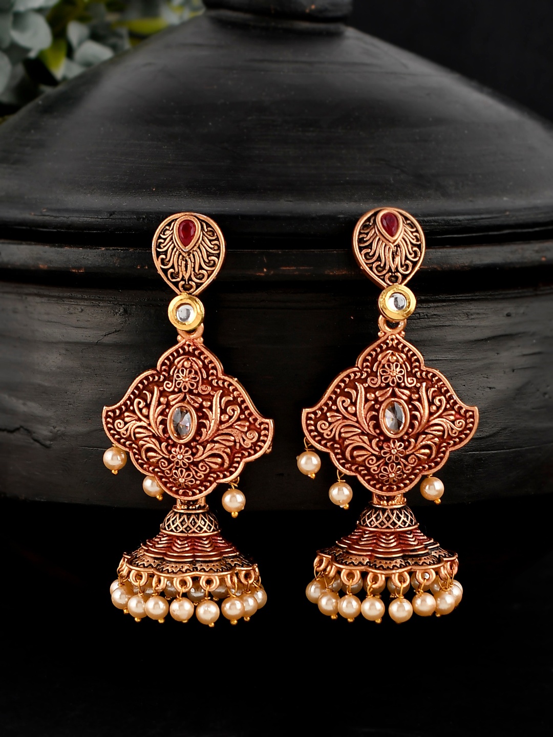 

Shoshaa Maroon & Gold-Toned Contemporary Jhumkas Earrings