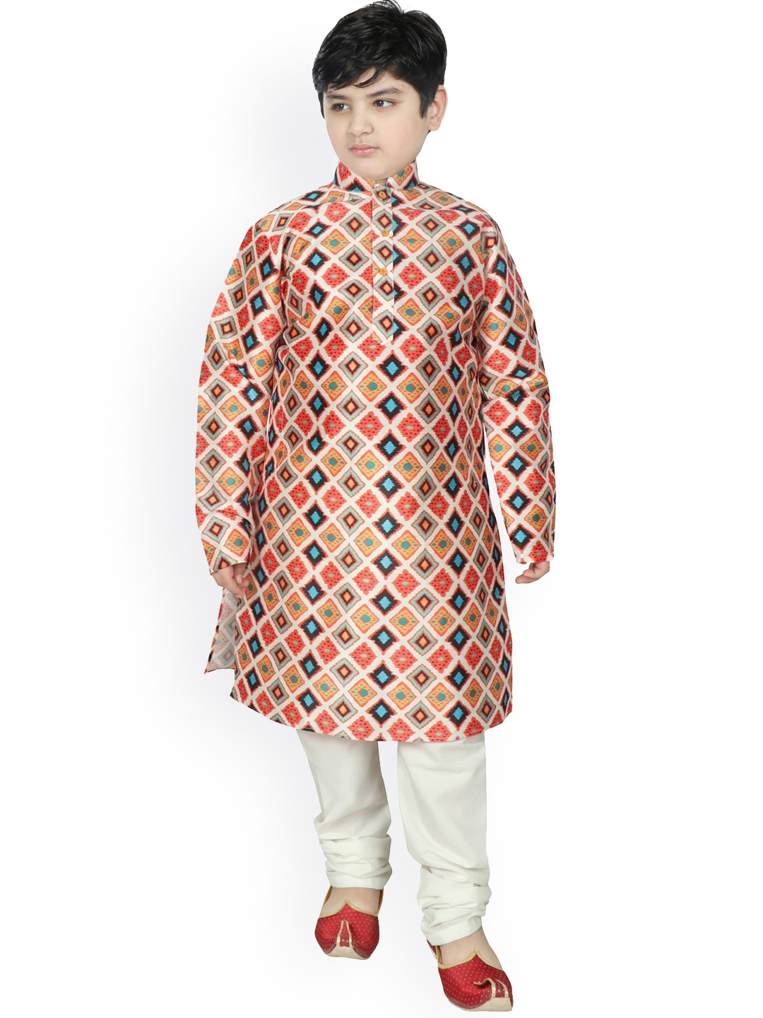 

SG YUVRAJ Boys Cream-Coloured Printed Raw Silk Kurta with Pyjamas