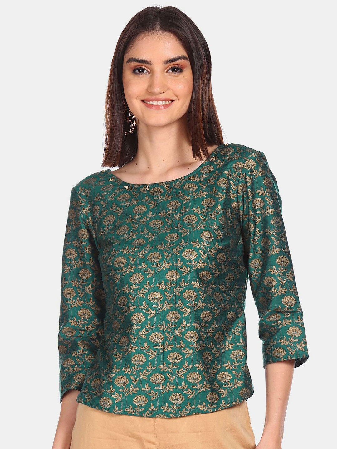 

Anahi Woman Teal Floral Print Top, Green