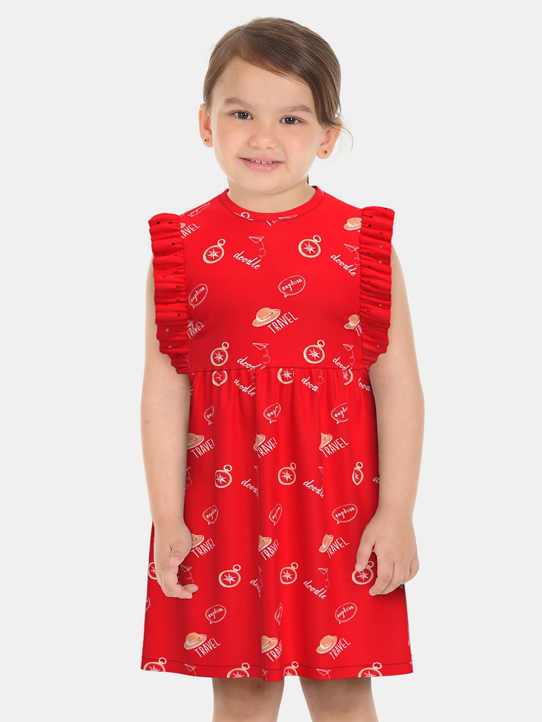 

Donuts Red A-Line Ruffle Sleeve Dress