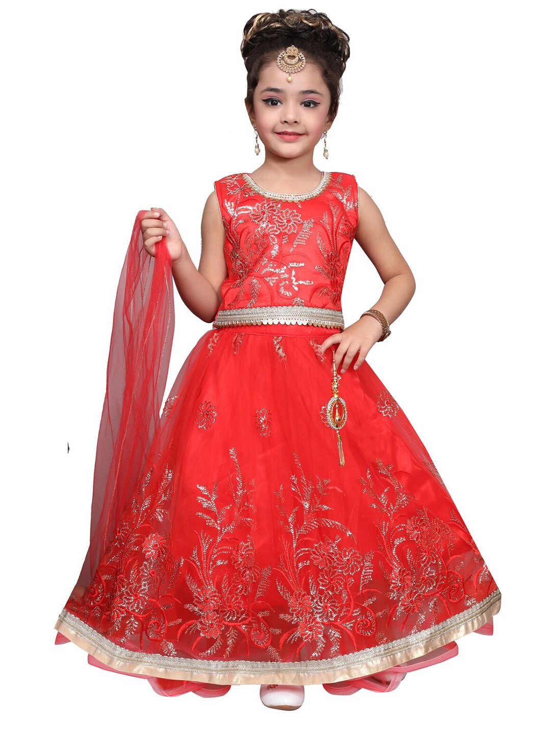 

SKY HEIGHTS Girls Red & Gold Embellished Ready to Wear Lehenga & Blouse With Dupatta