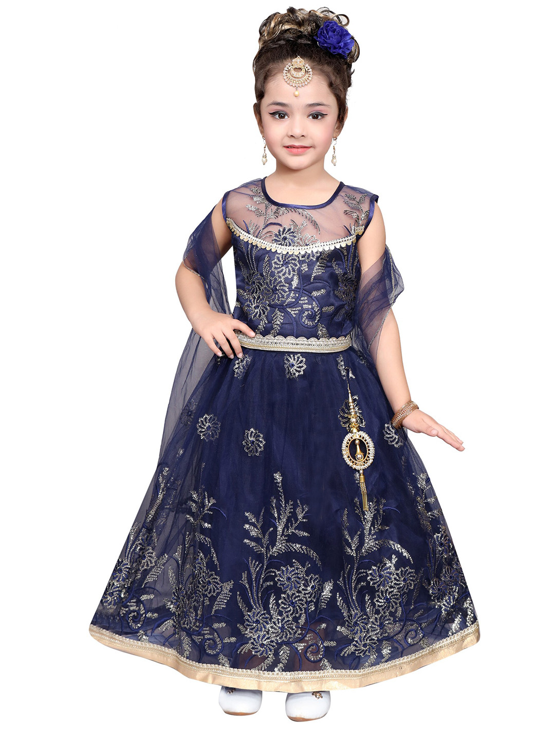 

SKY HEIGHTS Girls Navy Blue & Gold-Toned Sequinned Lehenga & Blouse With Dupatta