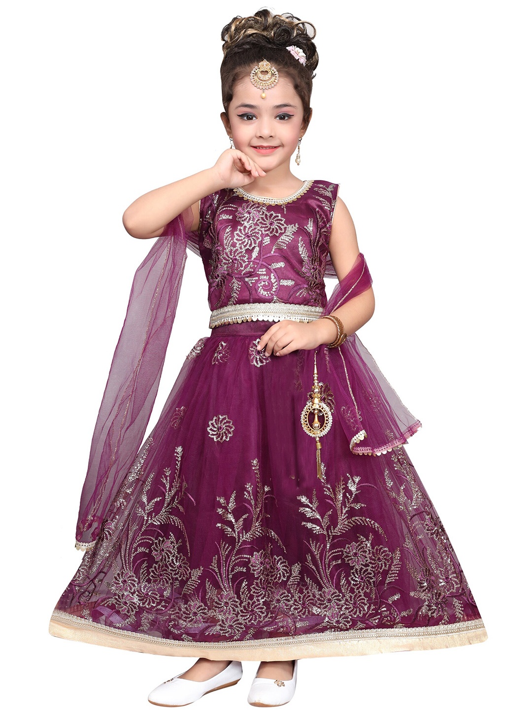 

SKY HEIGHTS Girls Mauve & Gold-Toned Embellished Sequinned Ready to Wear Lehenga & Blouse With Dupatta