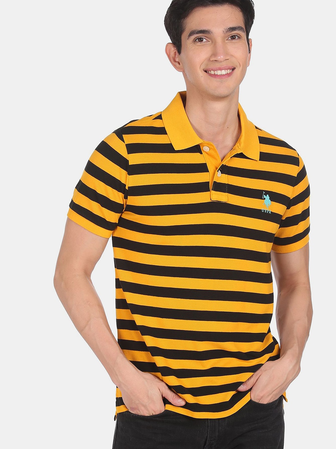 

U S Polo Assn Men Yellow & Black Striped Polo Collar Applique T-shirt