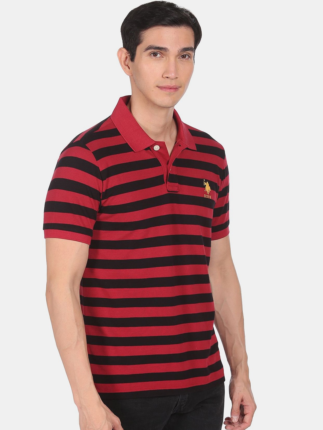 

U S Polo Assn Men Red & Black Striped Polo Collar Applique T-shirt