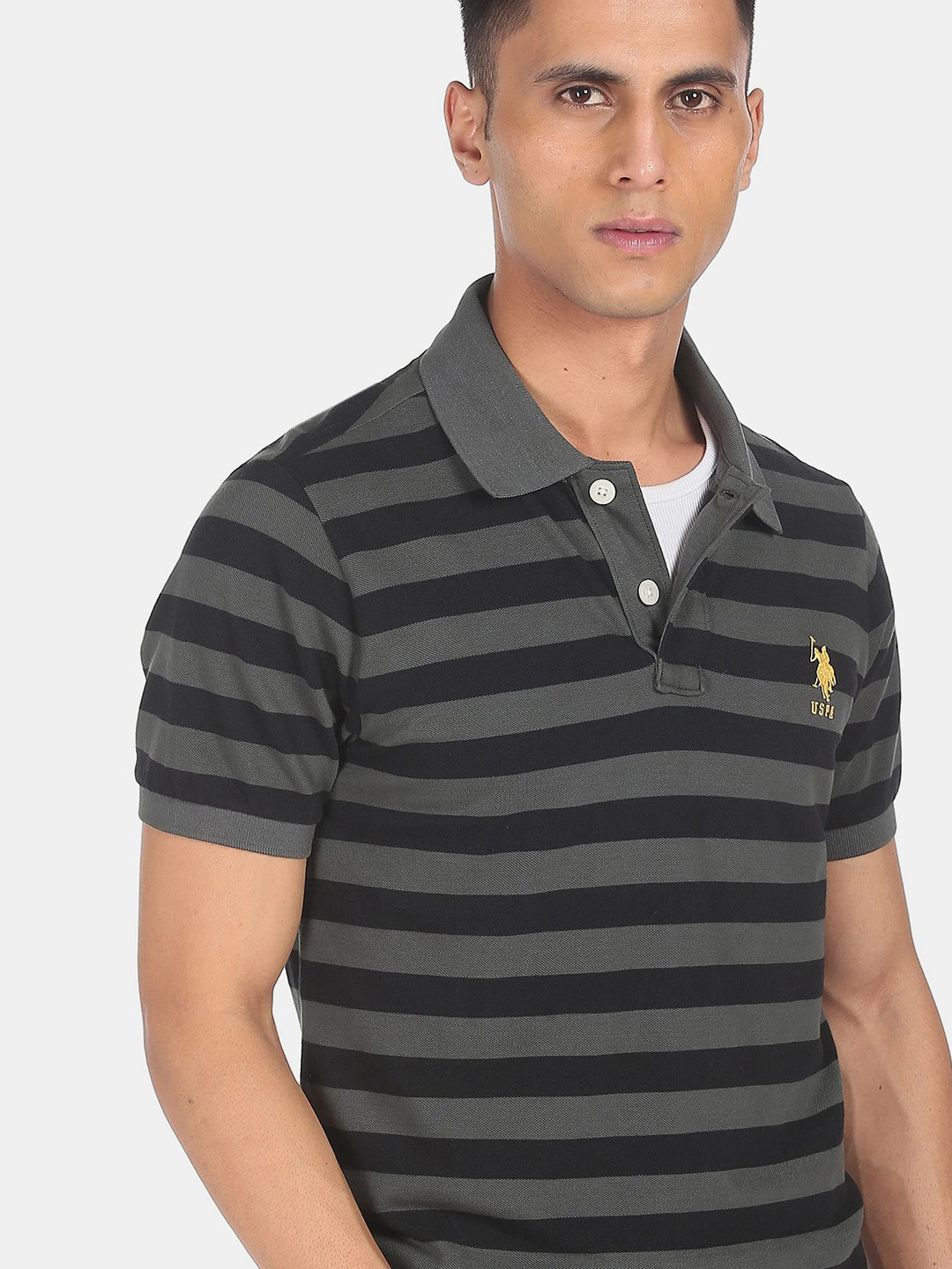 

U S Polo Assn Men Charcoal Grey & Black Striped Polo Collar Applique T-shirt