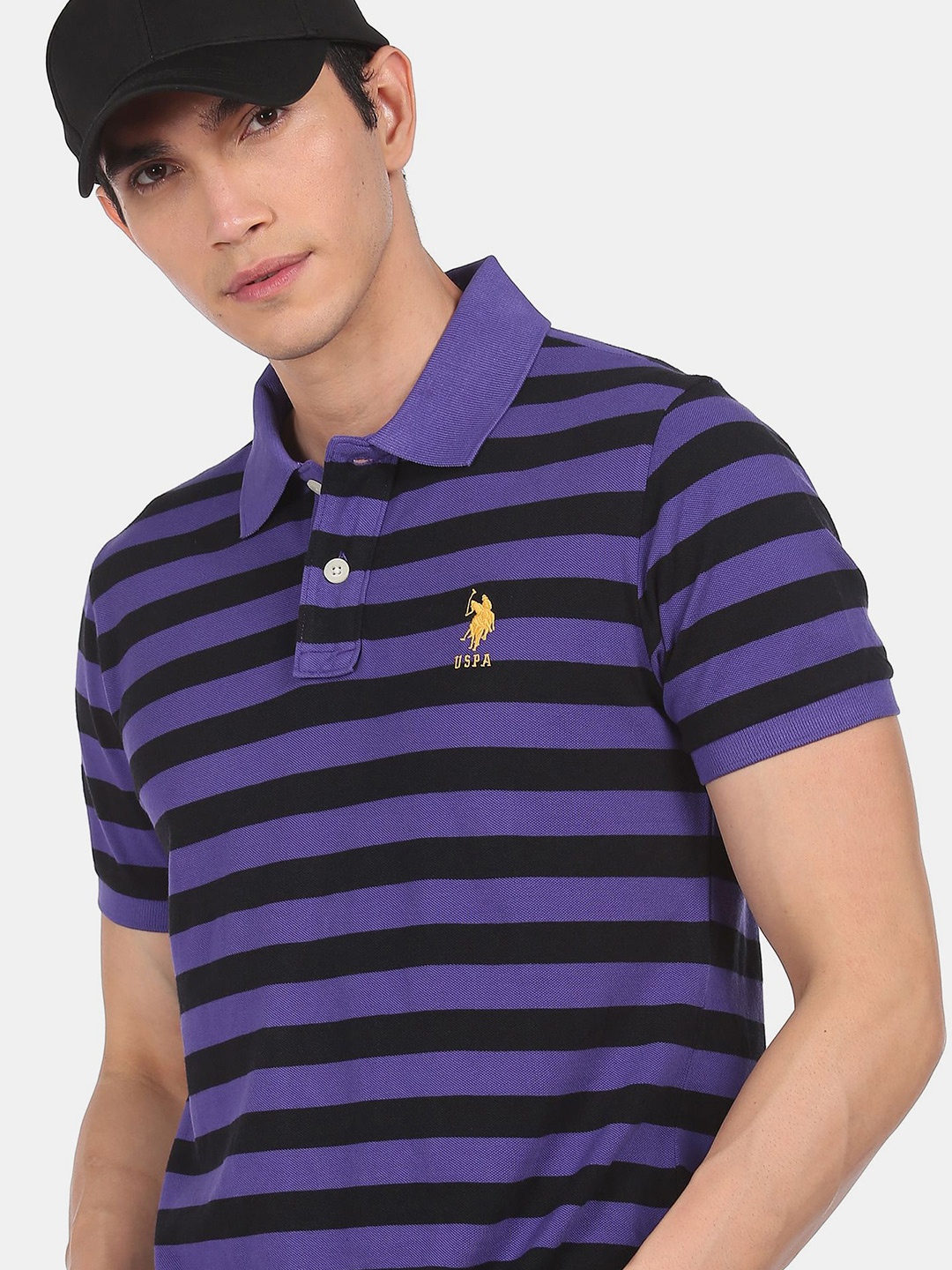 

U S Polo Assn Men Purple & Black Striped Polo Collar T-shirt