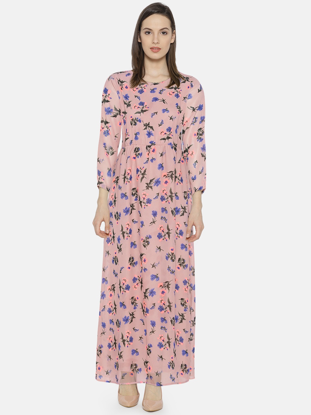 

PURYS Women Peach-Coloured Floral Print Maxi Dress