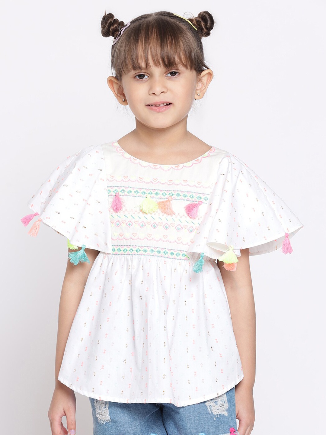 

Nauti Nati Girls White & Green Geometric Embroidered Pure Cotton Top