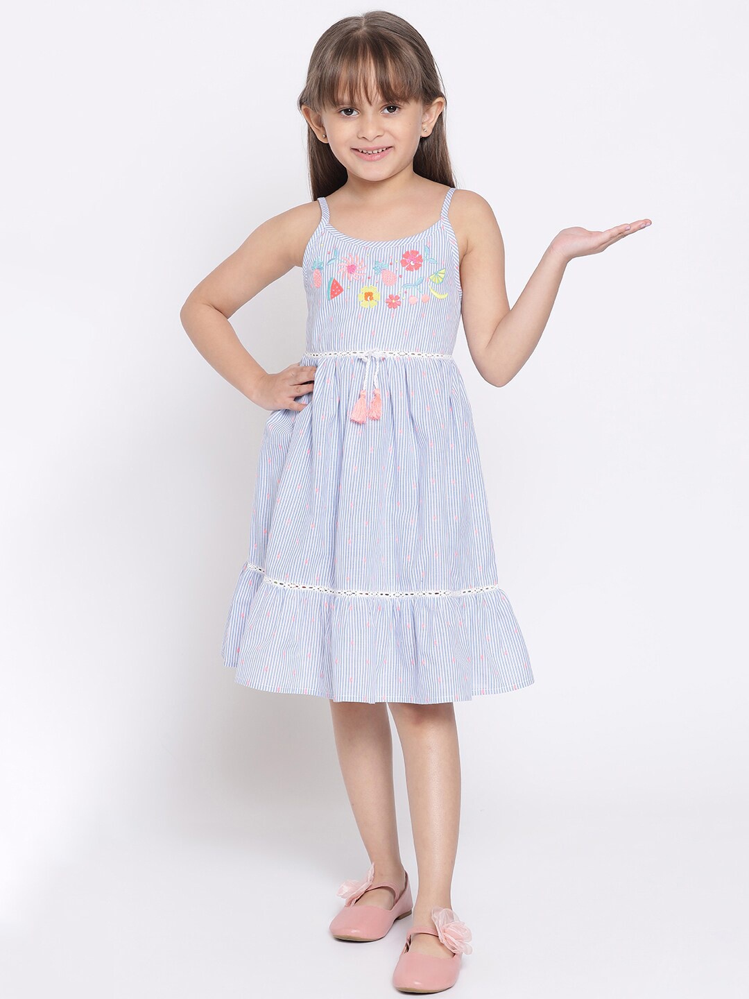 

Nauti Nati Girls Blue & White Striped Embroidered Pure Cotton Dress