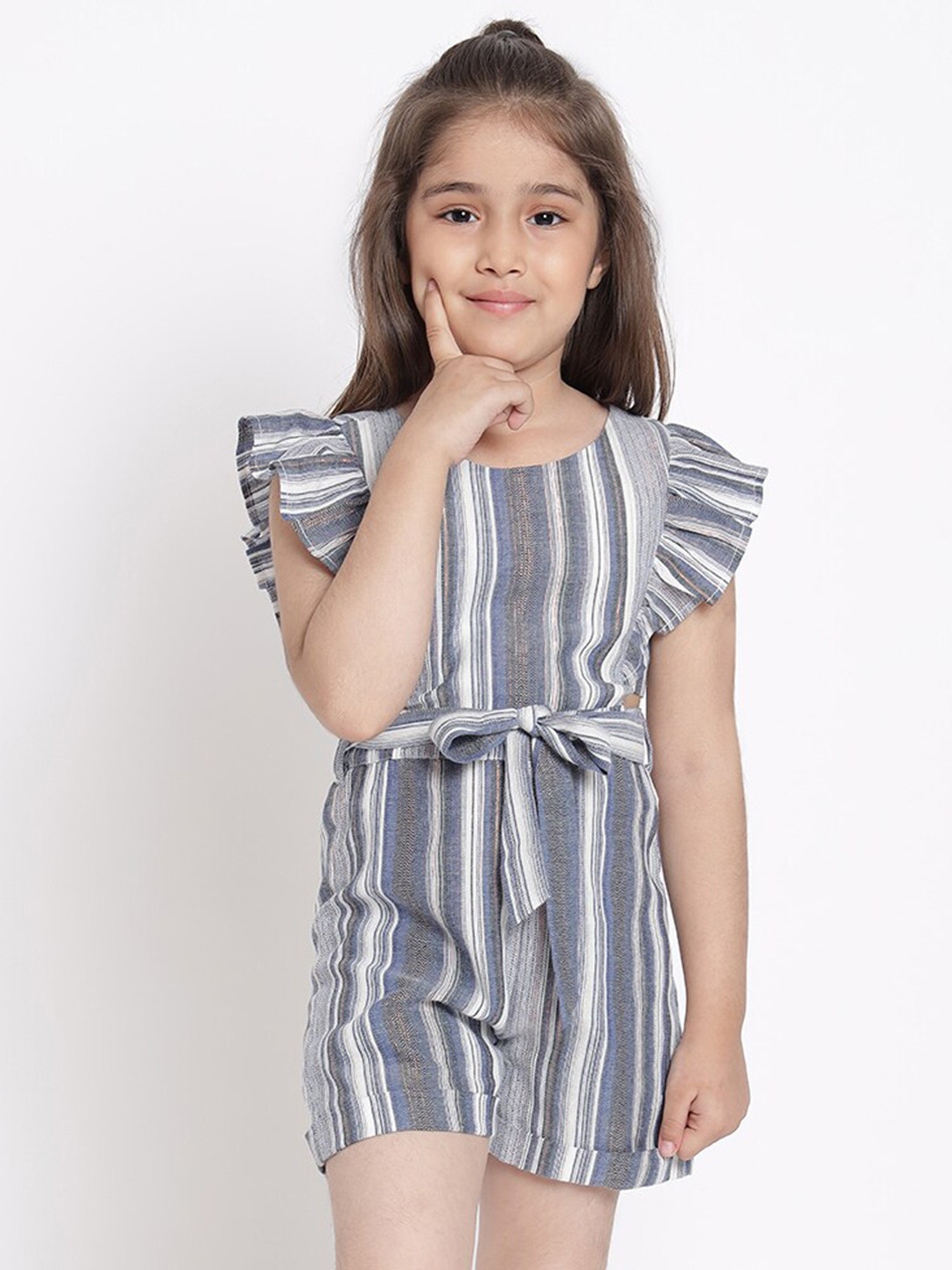 

Nauti Nati Girls Grey & Blue Striped Jumpsuit With Butterfly Sleeves