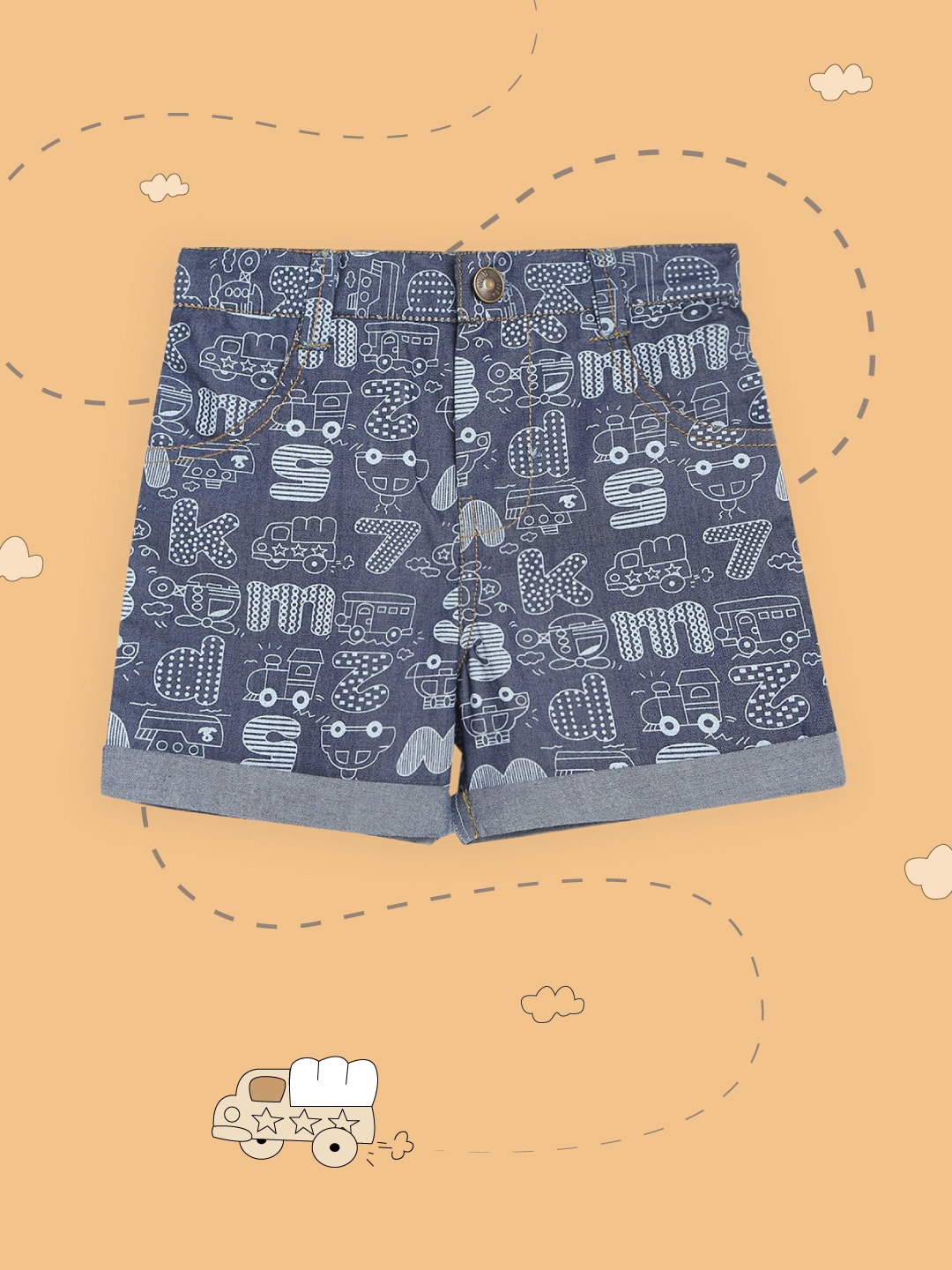 

Nauti Nati Boys Blue & White Conversational Printed Pure Cotton Denim Shorts