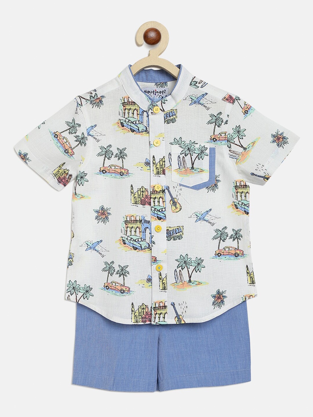 

Nauti Nati Boys White & Blue Printed Pure Cotton Shirt with Shorts