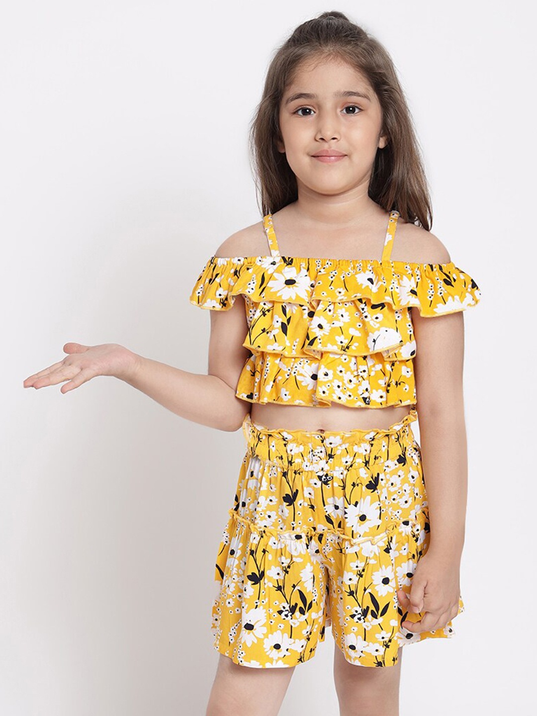 

Nauti Nati Girls Yellow & White Floral Printed Top with Shorts Co-Ord Set