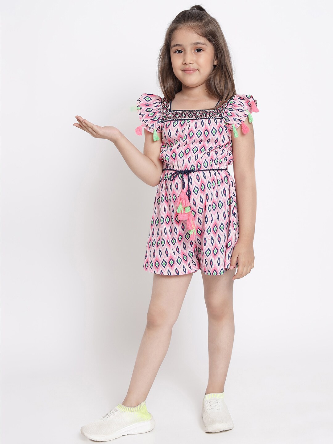 

Nauti Nati Girls Pink & Navy Blue Printed Jumpsuit with Tassels and Embroidered Detail