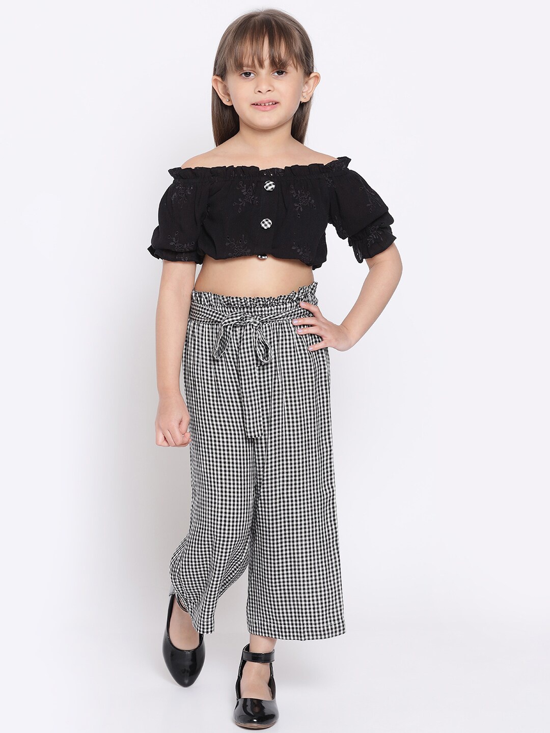 

Nauti Nati Girls Black & White Embellished Pure Cotton Top with Trousers