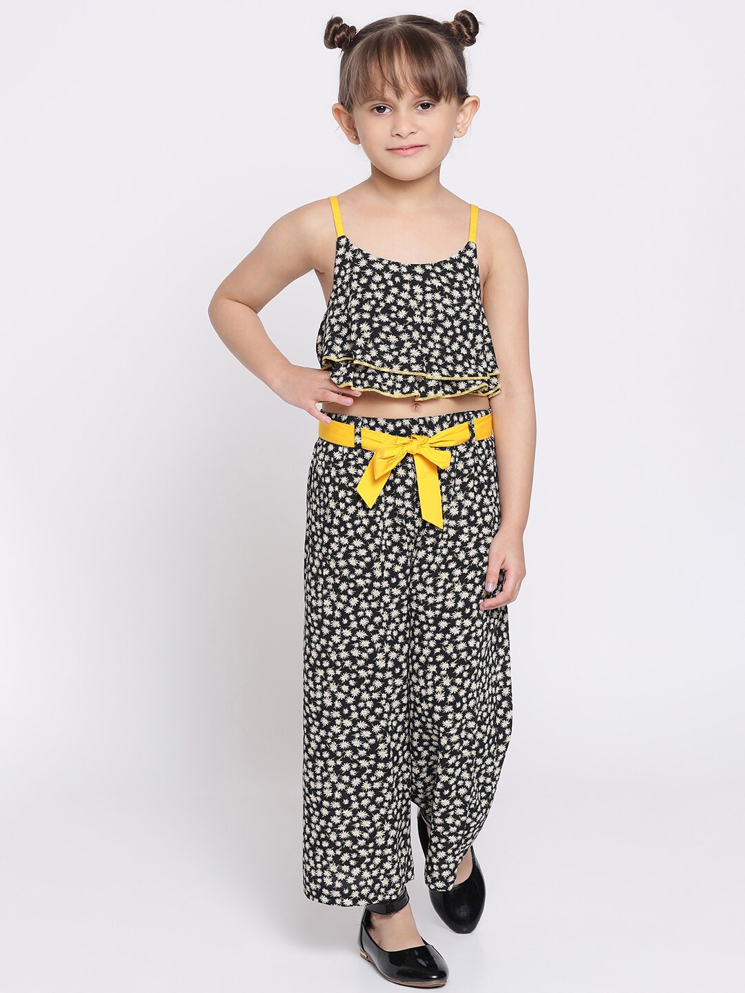 

Nauti Nati Girls Black & Yellow Floral Printed Pure Cotton Layered Crop Top with Trousers