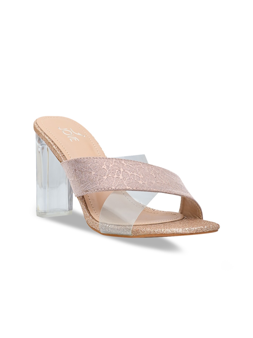 

Jove Rose Gold & Transparent Embellished Party Block Sandals