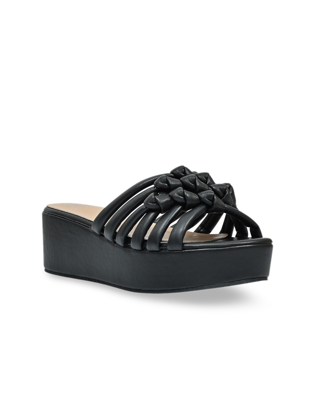 

Jove Black Solid Woven Design Platform Heel Mules