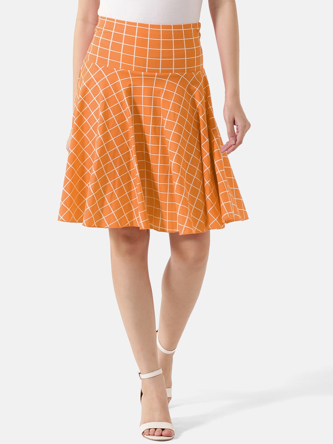 

V2 Value & Variety Women Mustard Yellow & White Checked Flared Knee-Length Skirt