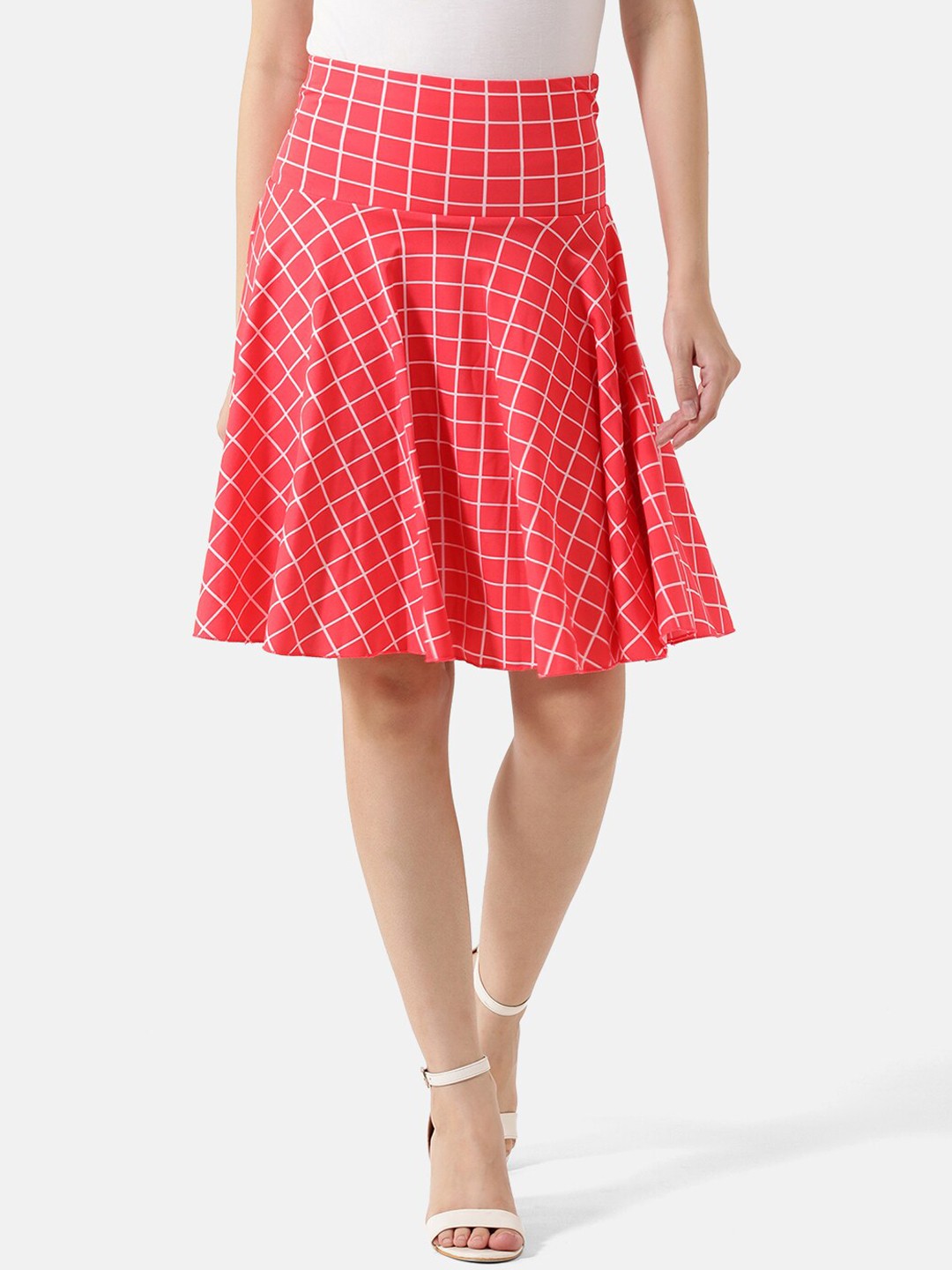 

V2 Value & Variety Women Red & White Checked Flared Knee-Length Skirt