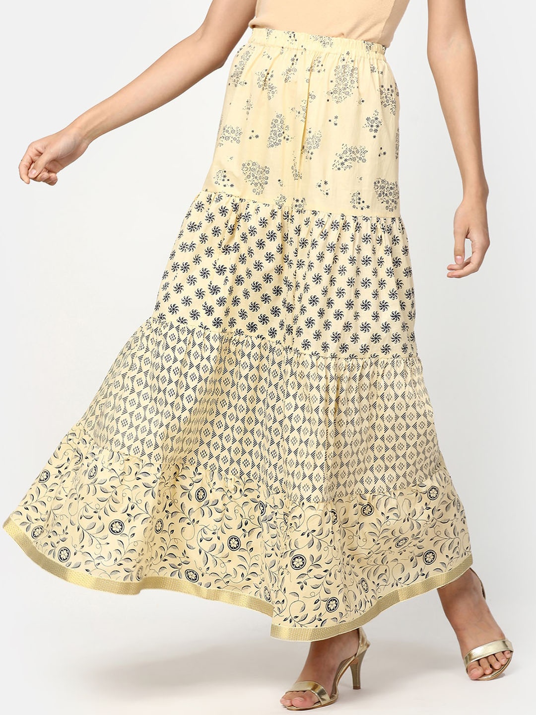 

V2 Value & Variety Women Beige Printed Pure Cotton Flared Maxi Skirt