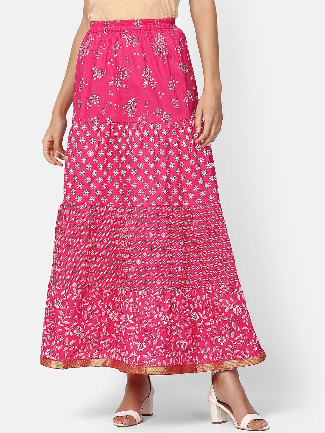

V2 Value & Variety Rose Pink & White Ethnic Print Layered Cotton Flared Maxi Tiered Skirt