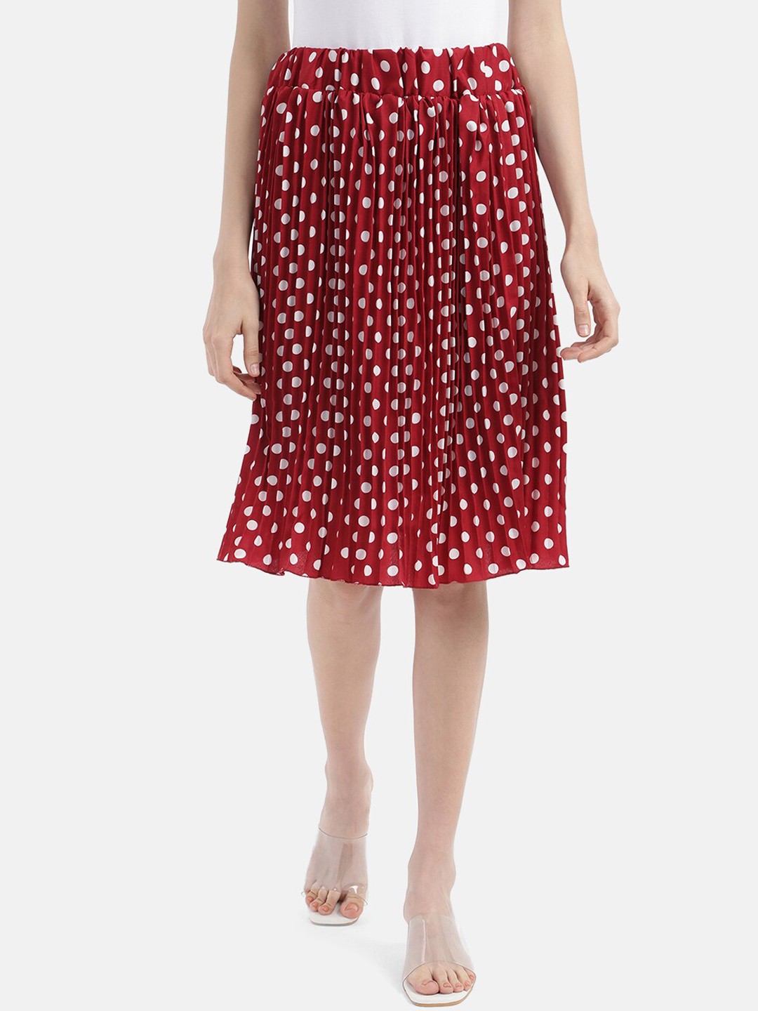 

V2 Value & Variety Red & White Polka Dots Accordian Pleated Crepe Knee Length Flared Skirt
