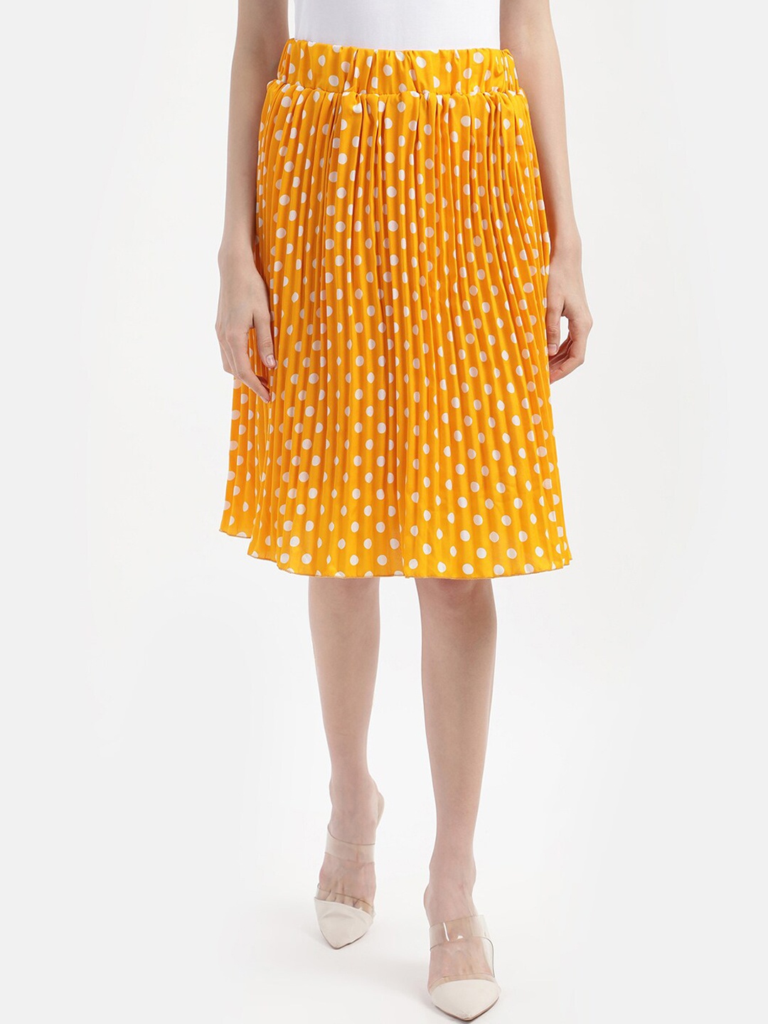 

V2 Value & Variety Mustard Yellow & White Polka Dots Accordian Pleated Crepe Flared Skirt