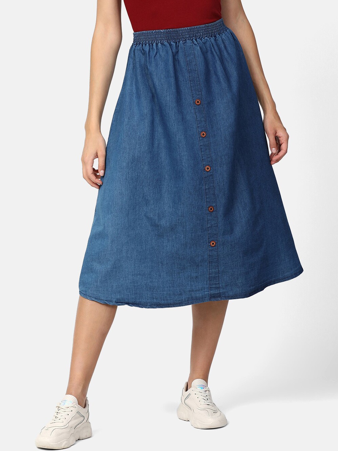

V2 Value & Variety Blue Solid Indigo Denim Midi Length A-Line Skirt with Button Detail
