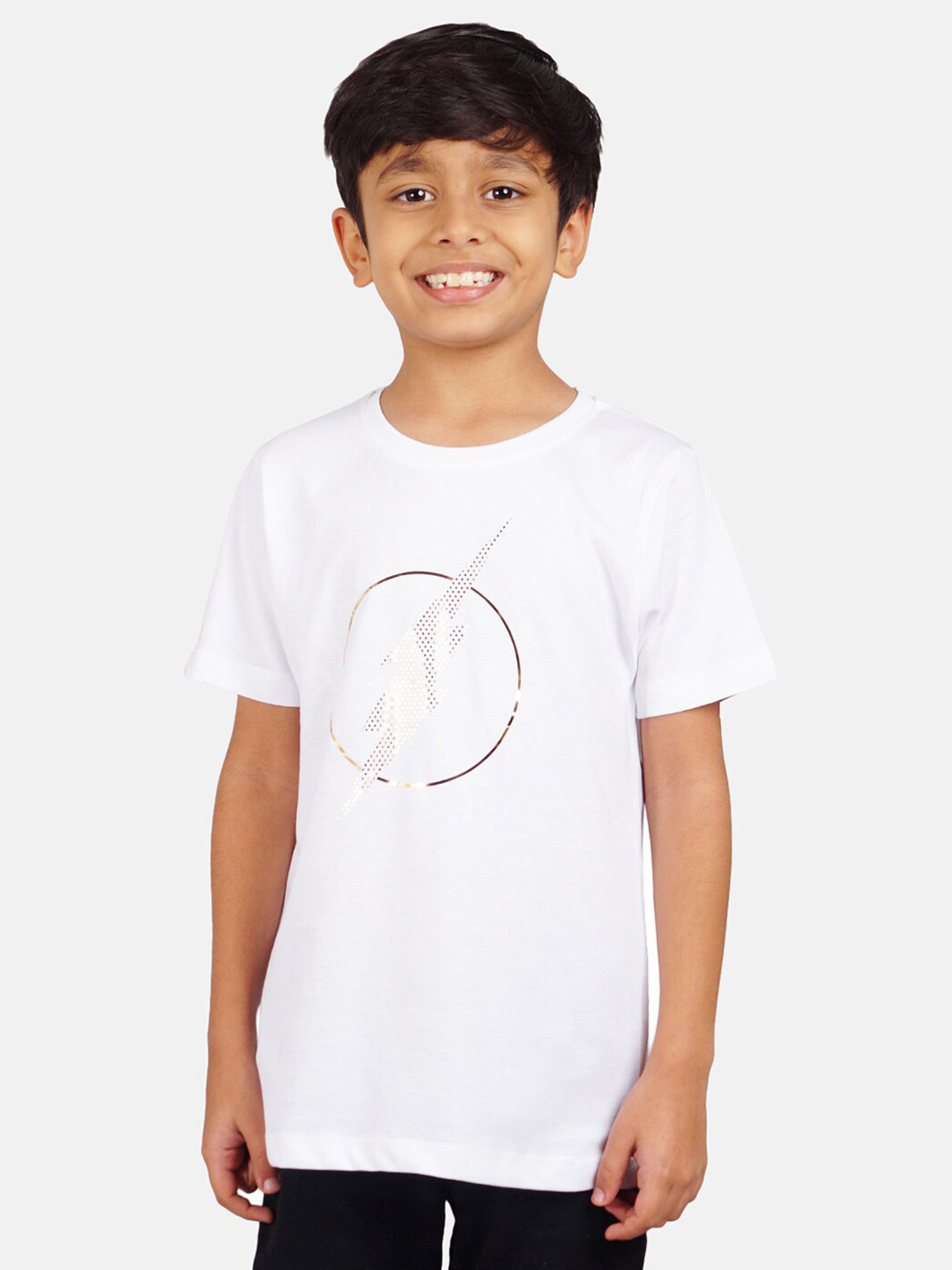 

DC by Wear Your Mind Boys White & Golden Cotton Flash Print T-shirt